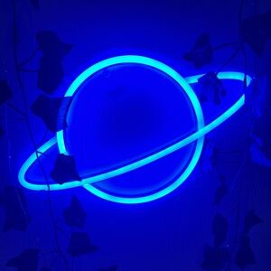 Neon Blue Planet Saturn Sign